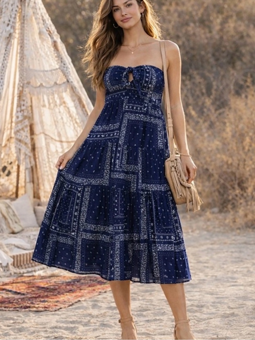 Universal Thread Navy Strapless Bandana-Print Midi Dress